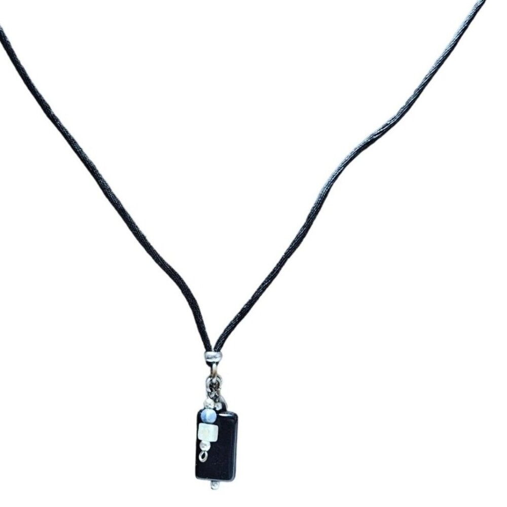 Elegant Handcrafted Black Square Pendant Necklace Blue White Beads Cord Jewelry